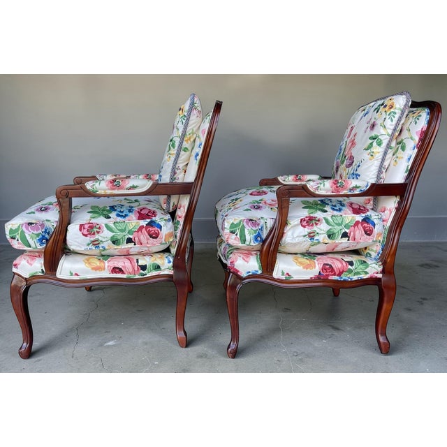 Century Furniture Bergère Armchairs by Century Furniture in Floral Upholstery – Pair | Louis XV Style For Sale - Image 4 of 16