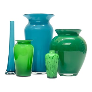 Saturated Blue & Green Cased Glass Vase Curation - Group of 5 For Sale