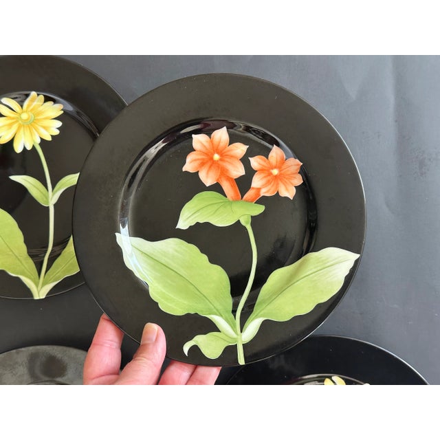 Ceramic Fitz and Floyd Black Floral Dessert or Salad Plate Dish Set of 6 For Sale - Image 7 of 12