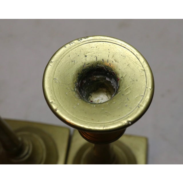 Rare Pair Primitive Antique 18th Century Turned Brass Candlestick Candle Holder For Sale - Image 9 of 11