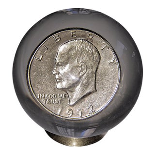 1972 Eisenhower One Dollar Coin Acrylic Marble Sphere Ball Paperweight With Stand For Sale