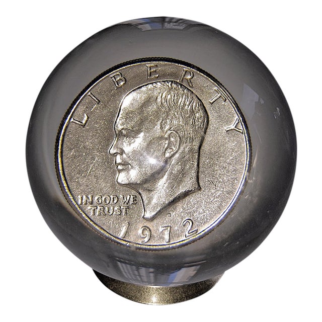 1972 Eisenhower One Dollar Coin Acrylic Marble Sphere Ball Paperweight With Stand For Sale