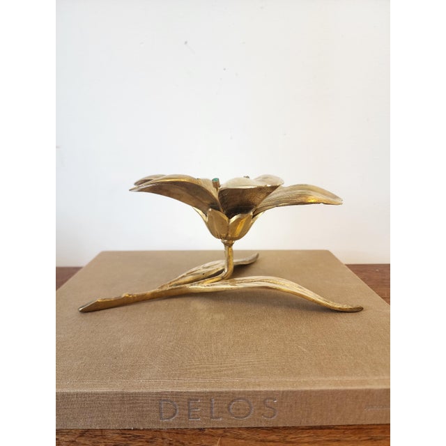 Vintage Italian Gilt Brass Flower Candle Holder Hollywood Regency Floral Centerpiece Gold Metal Lily Sculpture Decor For Sale - Image 6 of 16