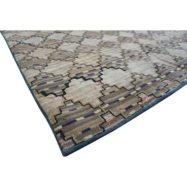 Camel 1900s Antique American Brown Room Size Geometric Lattice Folk Art Hooked Rug For Sale - Image 8 of 9