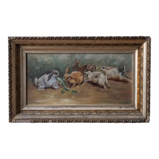 Bunny Rabbits Genre Painting, American School, 19th Century For Sale