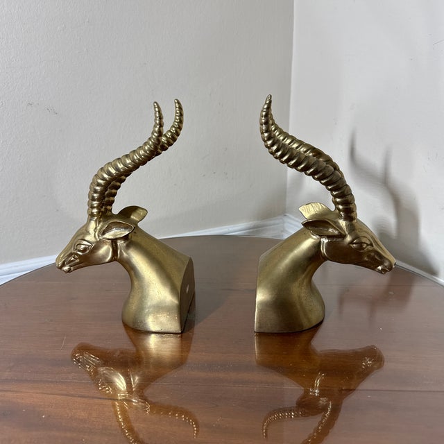 Mid-Century Modern Solid Brass Antelope Gazelle Ram Head MCM Bookends Pair Vintage Heavy For Sale - Image 3 of 7