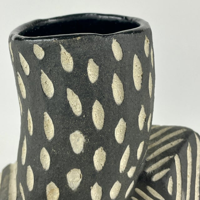 1990s Unusual Oval Shaped Pottery Vase With Geometric Forms in B/W Dots & Stripes Pattern For Sale - Image 4 of 9