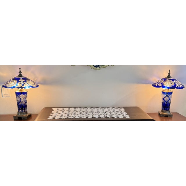 Pair of Cobalt Blue Cut-Glass Table Lamps With Floral Shades For Sale - Image 9 of 11