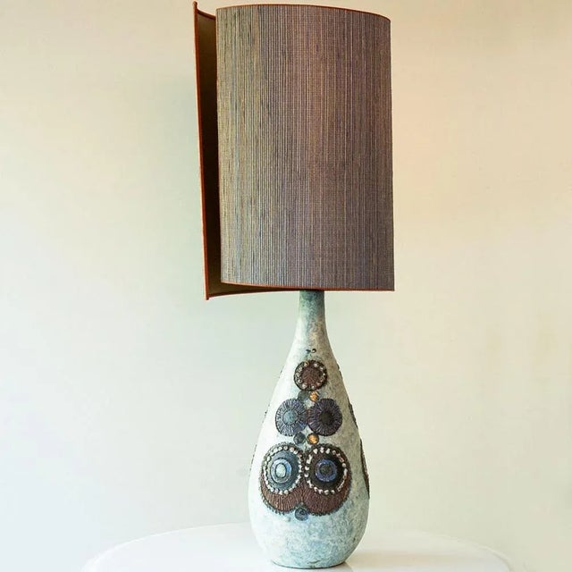 Beige and Blue Ceramic Floor or Table Lamp with Lampshade attributed to R. Houben, 1970s For Sale - Image 3 of 11