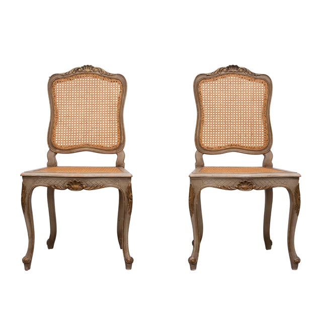 Louis XV Gilt and Green Painted Cane Side Chairs, 1880, Set of 2 For Sale - Image 6 of 14