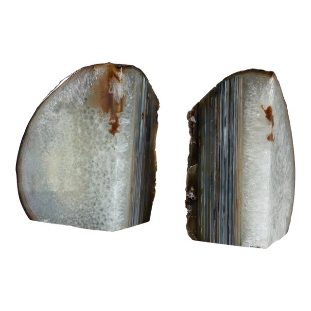 Antique Geode Bookends Composed of Both White Quartz and White Agate, a Pair For Sale