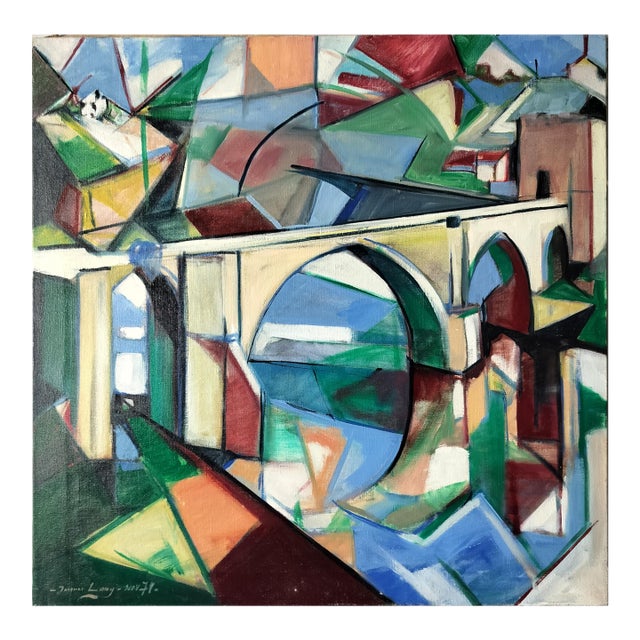 Mid Century Modern Abstract Painting of the San Martin Bridge in Toledo, Spain by Jacques Lamy, 1971 For Sale