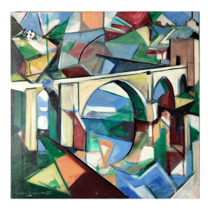 Mid Century Modern Abstract Painting of the San Martin Bridge in Toledo, Spain by Jacques Lamy, 1971