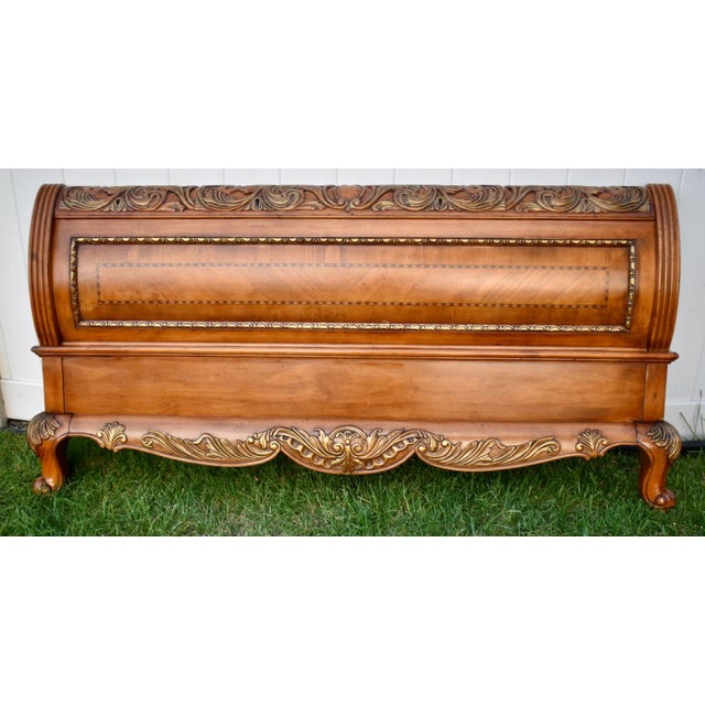Wood Legacy Pine Upholstered Sleigh Bed Carved and Inlaid Ornate Queen Frame For Sale - Image 7 of 18
