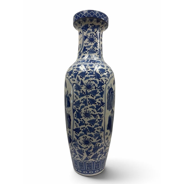 Chinoiserie Monumental 46.5" Chinese Blue & White Porcelain Landscape Floor Vase For Sale - Image 3 of 7
