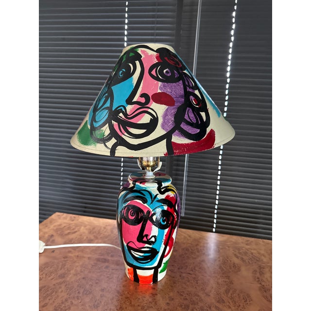Fantastic Original Hand Painted Table Lamp by Peter Robert Keil. This unique piece depicts colorful abstract faces with...