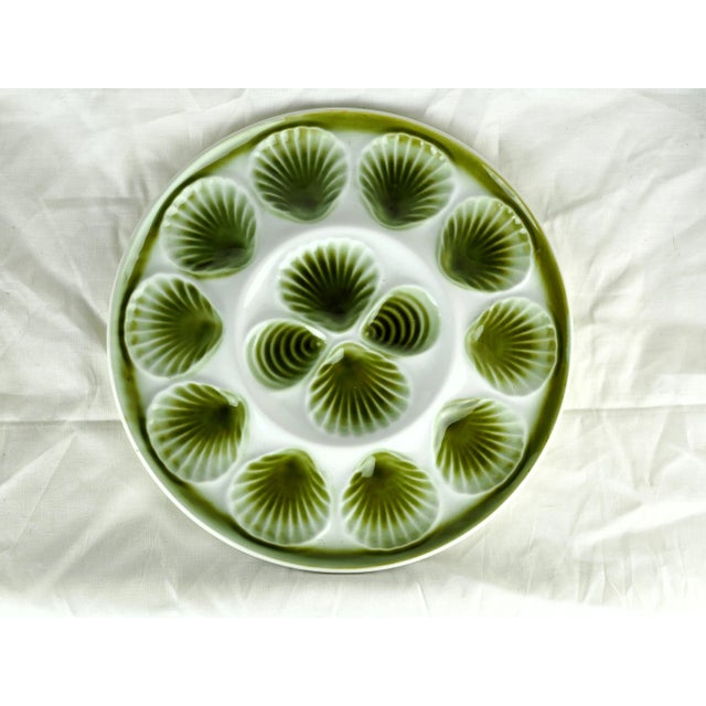 Mid-Century French Orchies Green Pastel Majolica Oyster Dishes and Plates - Set of 13 For Sale - Image 6 of 11