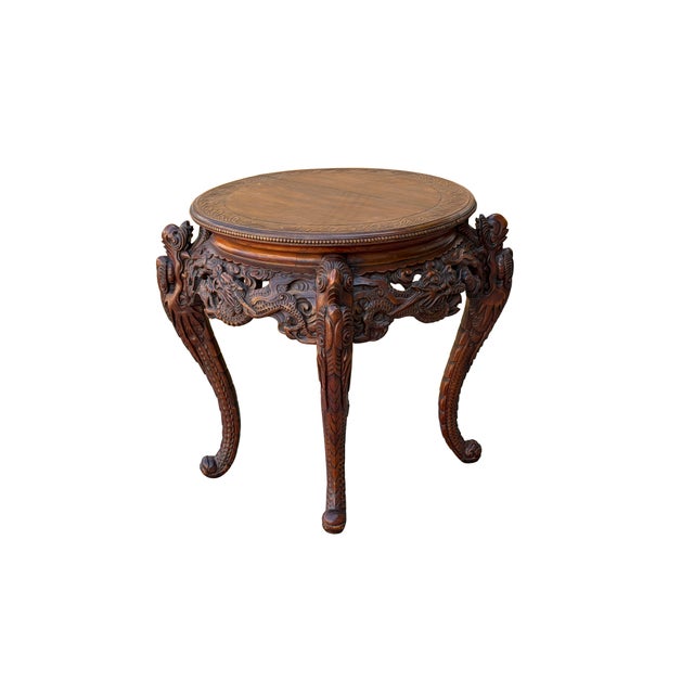 Asian Vintage Carved Solid Wood Dragon Round Plant Stand Display Accent Table For Sale - Image 3 of 13