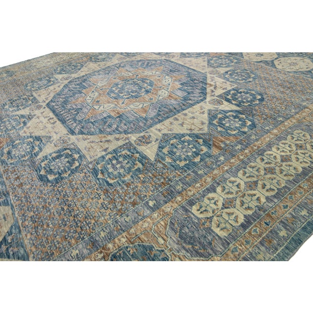 Gray Modern Mamluk Oversize Wool Rug With Geometric Blue Design For Sale In New York - Image 6 of 9