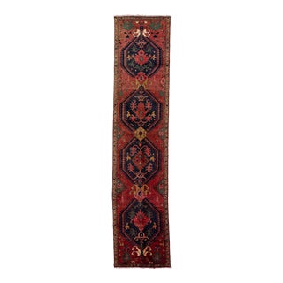 Handmade Red Vintage Heriz Wool Runner With Tribal Design For Sale