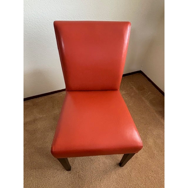 2010s Mid Century Modern Crate & Barrel Parsons Steel & Glass Dining Table With Set of Four Lowe Leather Group Side Chairs For Sale - Image 5 of 8