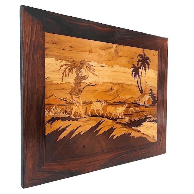 Large vintage Native American wood inlay marquetry depicting a landscape, a shepherd, and village life, measuring 45 cm...