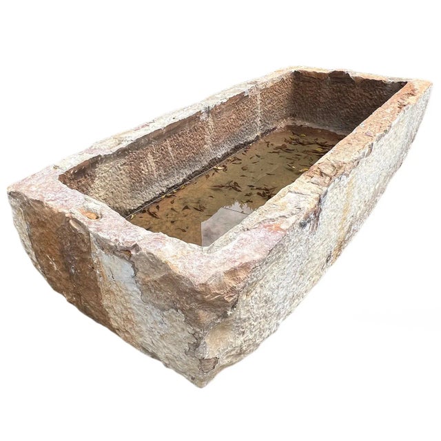 Large vintage old sandstone trough from north India. Beautiful rustic aged textures and patina. Inside depth measures 10".