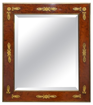 Antique French Louis XVI Empire Burr Walnut & Gilt Brass Mirror, 1860