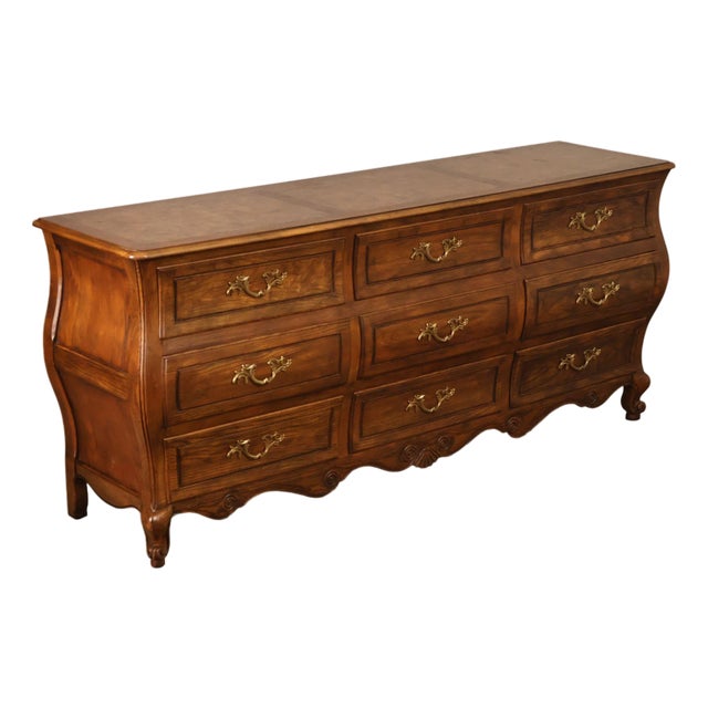 Baker Furniture Company Burl Wood Long Bombe Dresser For Sale