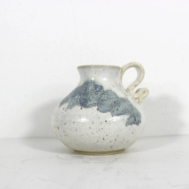 Contemporary Vintage Signed Studio Pottery Vase Small White Blue Organic Form Handle Speckled For Sale - Image 3 of 7