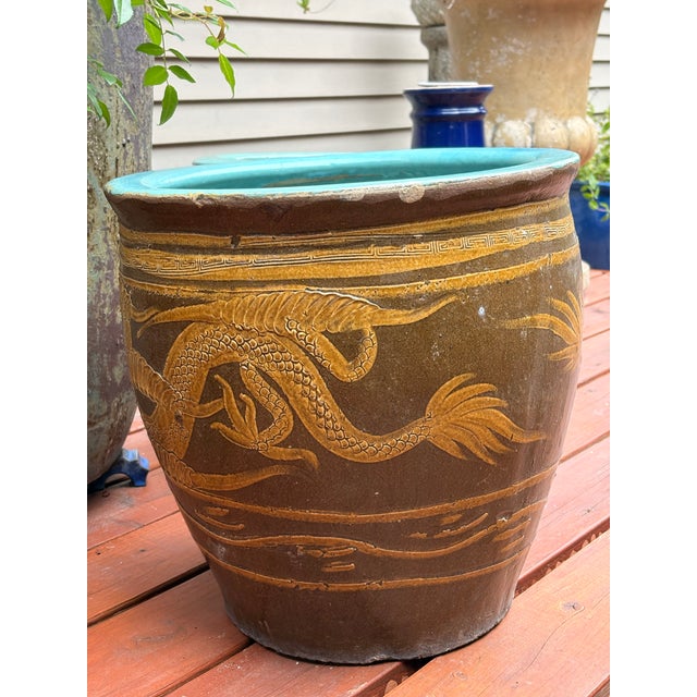 Ceramic Large Chinese Glazed Terracotta Earthenware Planter Set Decorated With Dragons Egg Pots For Sale - Image 7 of 18