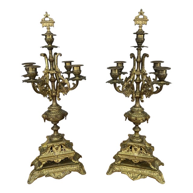 French Style Five-Arm Candleholders in Brass, Set of 2 For Sale