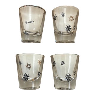 1960s Mid Century Modern Rumpus Set by Federal Glass Company in Box 4 Shot Glasses- 3 Snowflake & 1 Bird For Sale