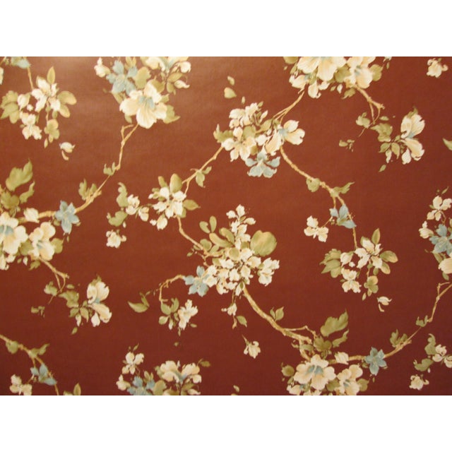 Vintage Wallpaper from the 1980s. Brown with white/beige and light blue floral vine motif. 1 roll = approx. 12.8 meters x...