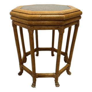 McGuire Style Leather Wrapped Rattan Side Table With Lions Paw Feet For Sale