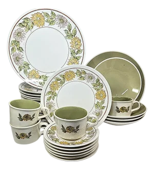 Mid Century Scandinavian Avocado and Daisy Dinnerware- Set of 32
