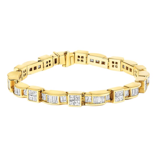 14K Yellow Gold 7.0 Cttw Baguette Cut Diamond Alternating Box and Wave Link Bracelet (G-H Color, VS1-VS2 Clarity) - 7" Inches For Sale