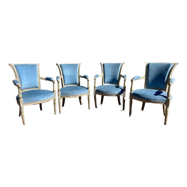 Late 18th Century Antique French Directoire Period Armchairs in Sky Blue- Set of 4 For Sale