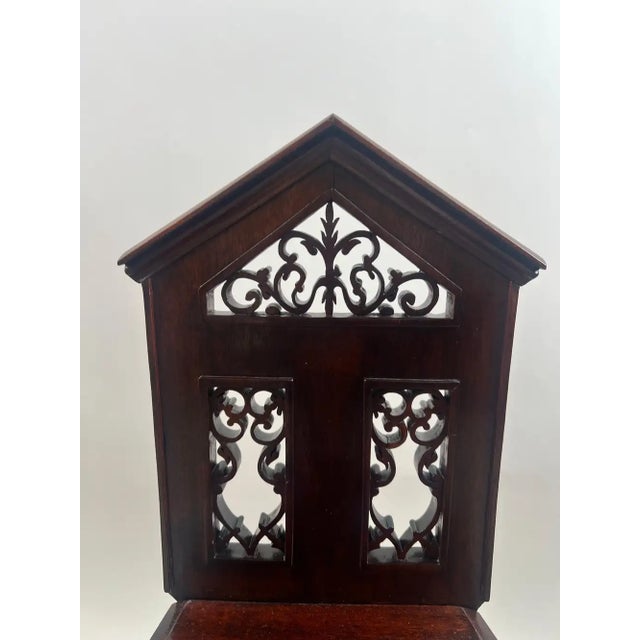 Wood Antique English Gothic Revival Carved Oak Hall Chair With Pierced Tracery Back For Sale - Image 7 of 12