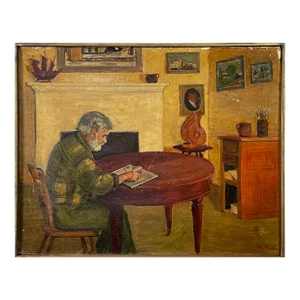 Eva Martino (American, B. 1929) - Expressionist Interior Portrait With Giovanni Martino, Signed (Ca. 1960, Oil on Canvas)