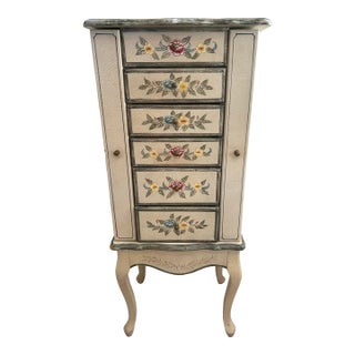 Hand-Painted Floral Jewelry Armoire Cabinet With Mirror & Storage For Sale