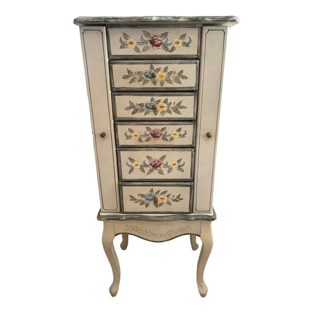 Hand-Painted Floral Jewelry Armoire Cabinet With Mirror & Storage For Sale