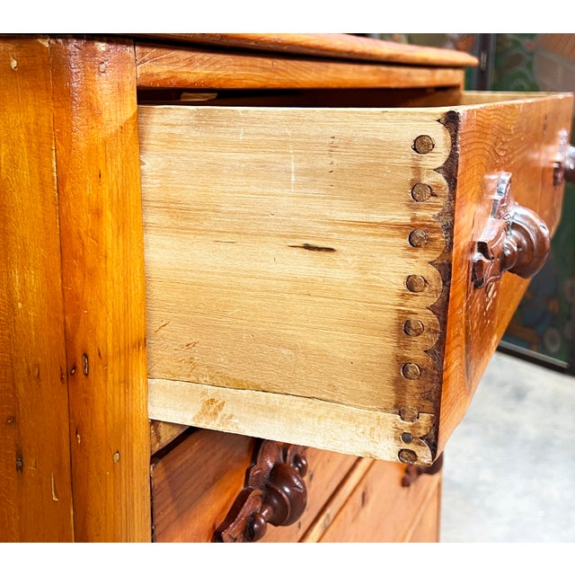Brown Antique 19th C. Cottage Pine 4 Drawer Dresser / Chest With Walnut Carved Pulls For Sale - Image 8 of 9