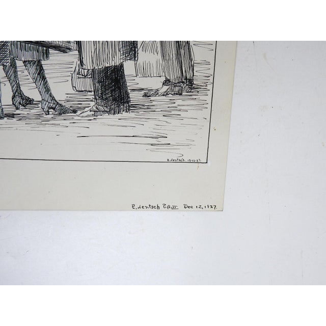 Vintage 1927 pen and ink on card stock drawing of crowded railroad station. Signed Jentsch and dated lower right....