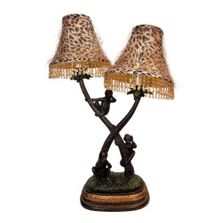 Vintage Three Wise Monkeys on Crossed Palm Tree Table Lamp With Leopard Printed Beaded Trim Shades For Sale