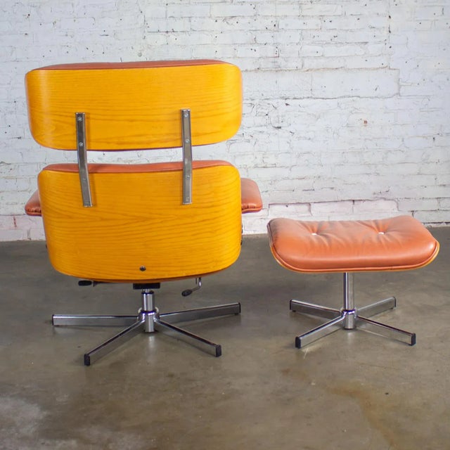 MCM Style Mid to Late 20th Century Plycraft Lounge Chair & Ottoman in Saddle Color Italian Leather For Sale - Image 15 of 18