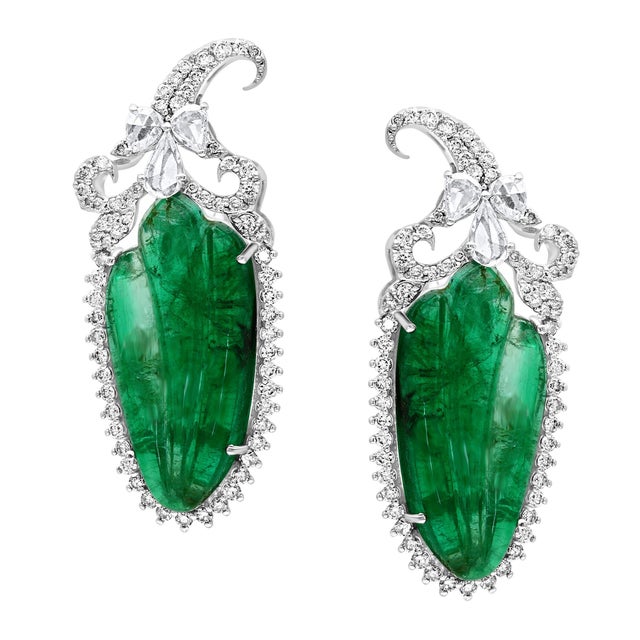 Emerald 22 Ct Carved Emerald & 2 Ct Diamond Earrings 18 Karat White Gold Post Earrings For Sale - Image 8 of 8