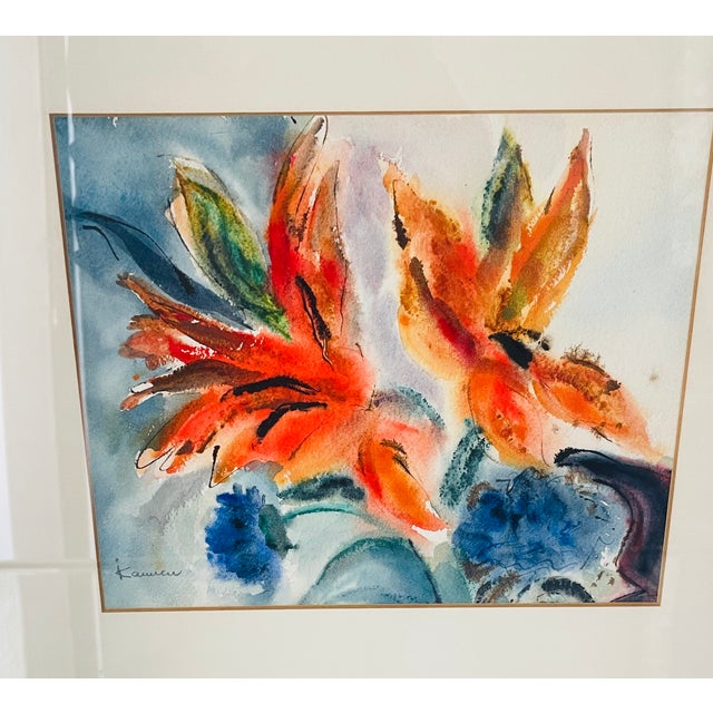 Mixed media on woven paper signed Laren floral painting of Orange Lilies.