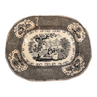 Mid-19th Century English Black Transferware Romantic Scenic Platter, Circa 1850–1870 For Sale