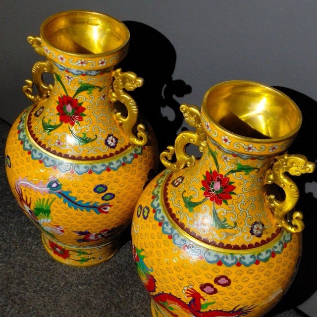 Pair of Monumental Chinese Yellow Cloisonné Dragon & Phoenix Vases - 24.7 LBS Total For Sale - Image 9 of 10